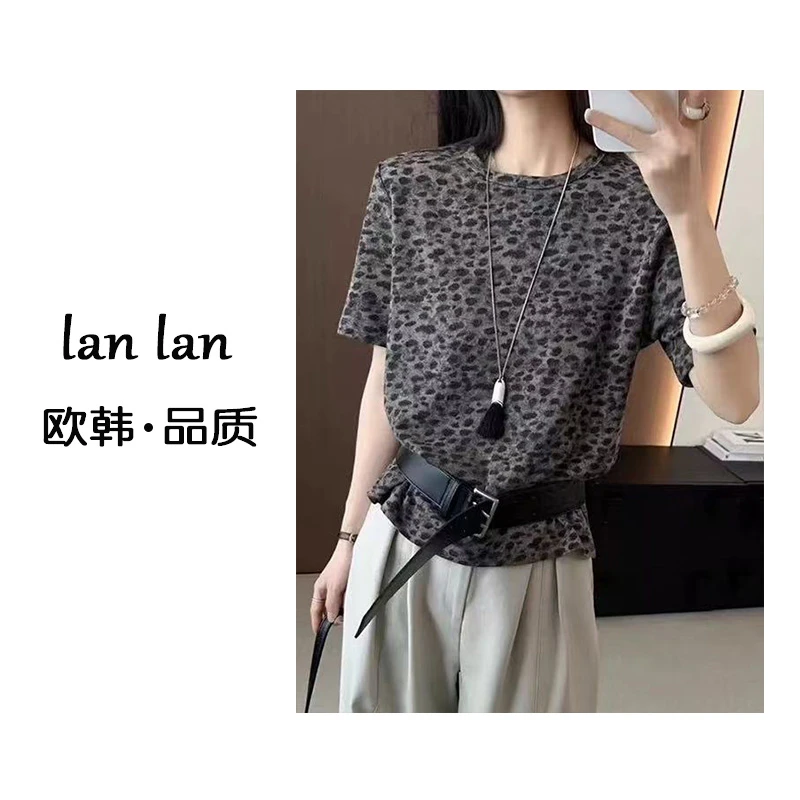 lanlan-秋上新【灰色豹纹上衣】高货韩版简约显瘦时尚气质