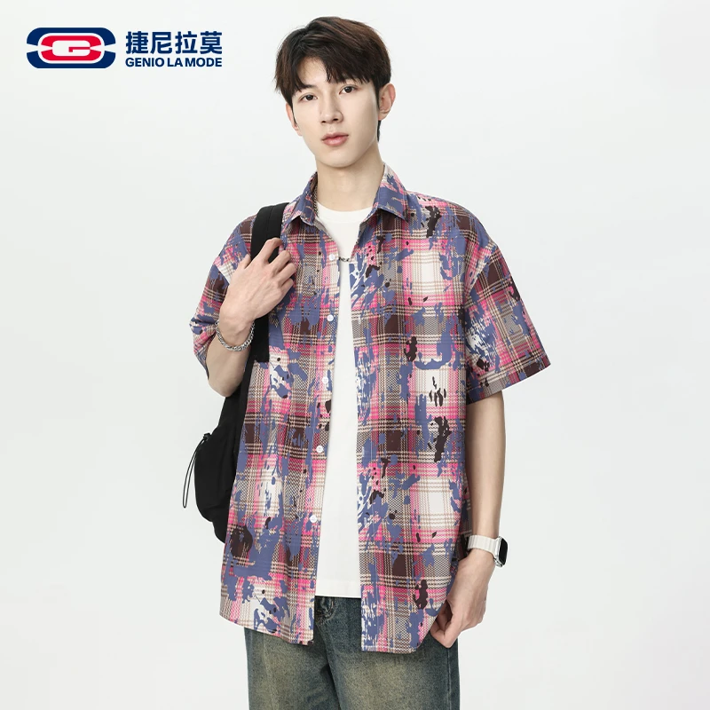 GENIO LAMODE美式扎染衬衫男女款夏季宽松百搭休闲五分袖开衫外套