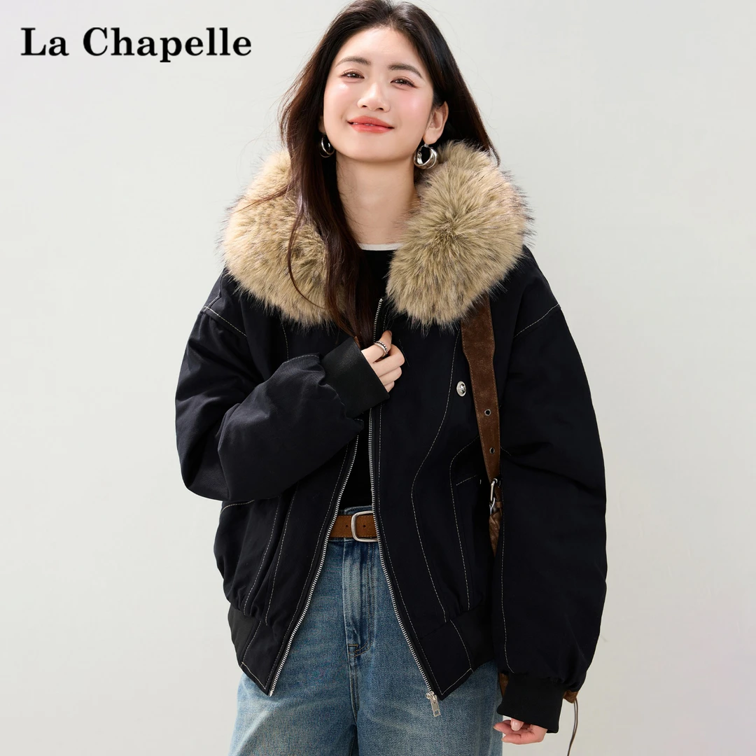 拉夏贝尔美式休闲连帽外套女2025秋冬新款加厚保暖毛领设计感上衣