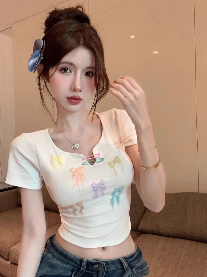 多巴胺蝴蝶结正肩短袖t恤女夏季纯欲甜美辣妹短款卡腰小上衣半袖