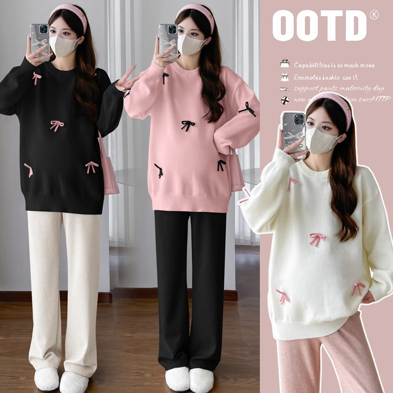 孕妇装秋套装2025新款蝴蝶结加厚毛衣显瘦孕妈高级感穿搭秋冬装