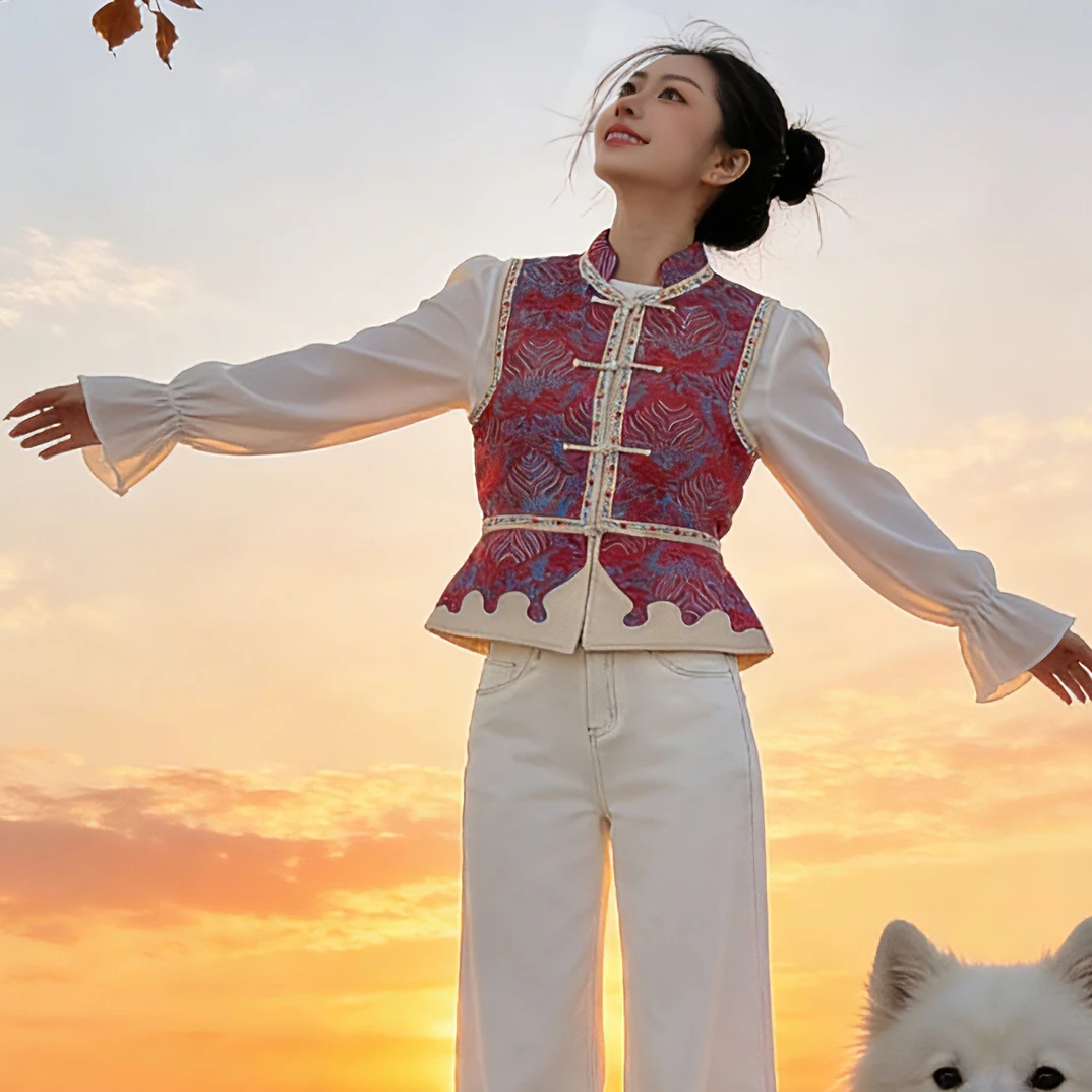 蒙古民族风对襟女士四季百搭休闲网红中式短款中国风马甲女款国风