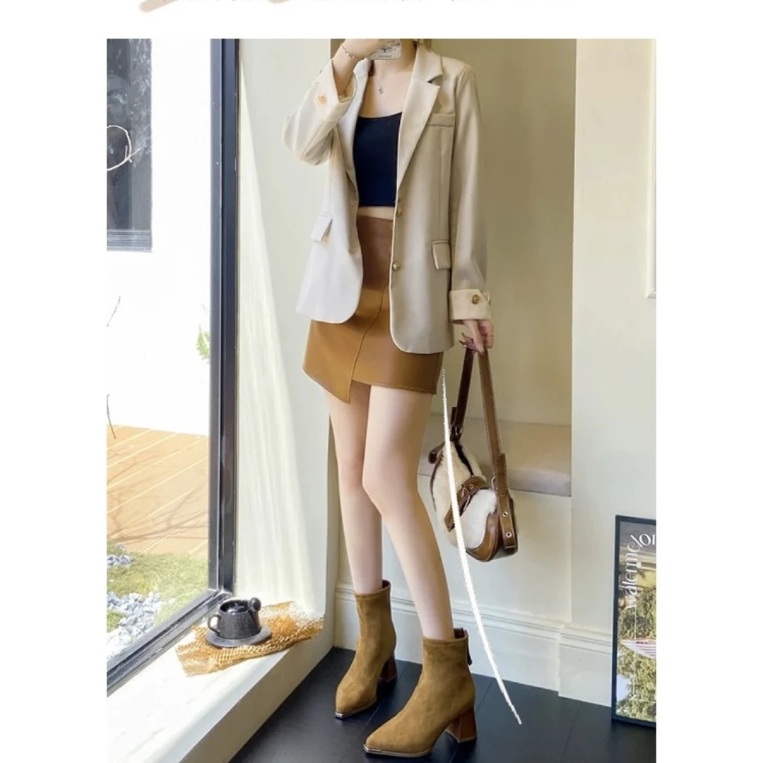 金属头法式高跟短靴女2025秋新款美拉德粗跟后拉链弹力瘦瘦马丁靴