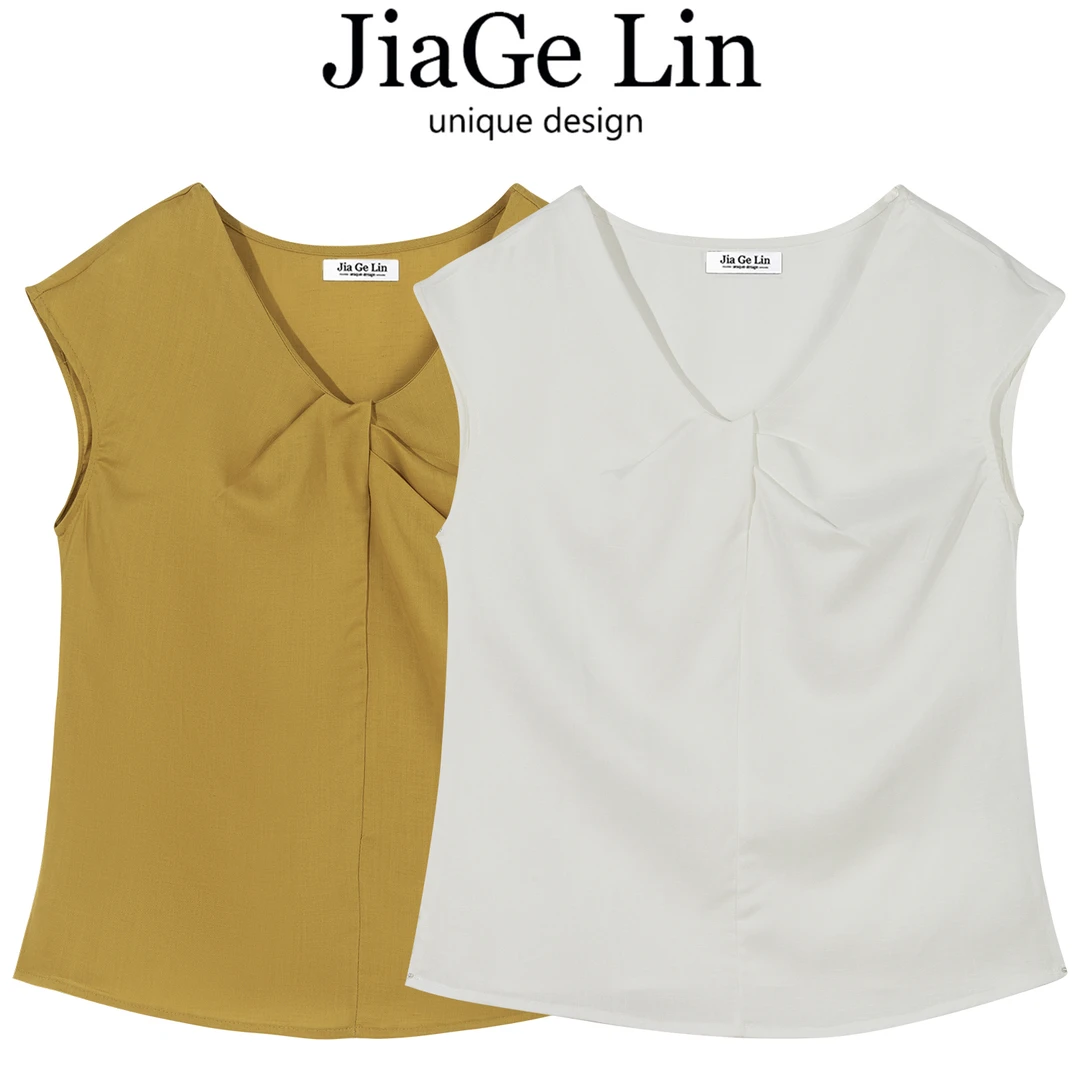 JiaGeLin韩系简约纯色V领扭结背心衬衫无袖小衫女夏洋气百搭上衣