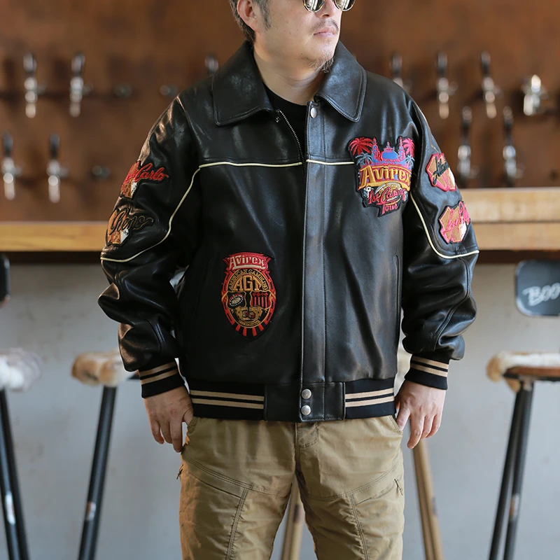 加肥加大码号真皮飞行服夹克男美式休闲翻领阔版皮衣