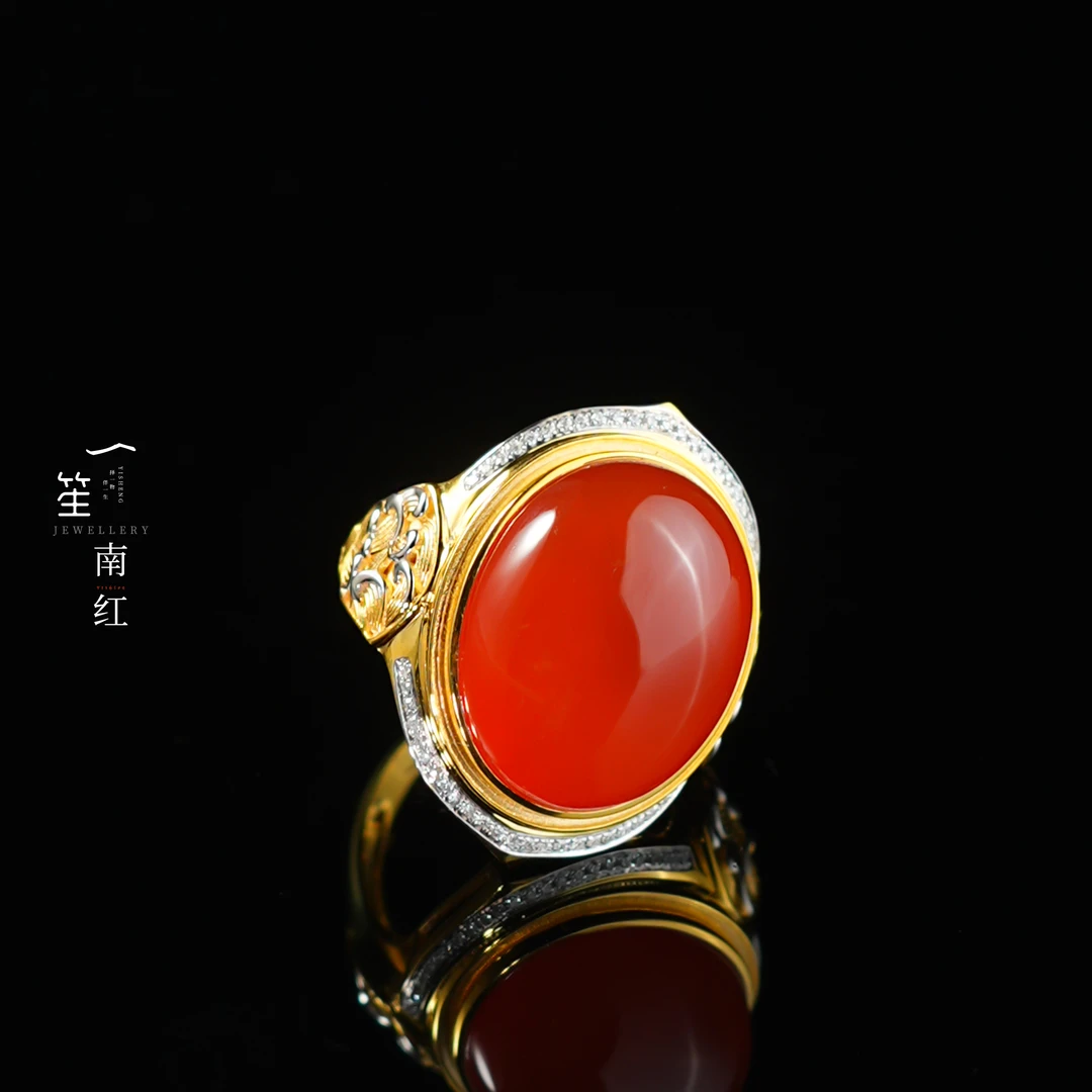 【一笙珠宝】天然南红玛瑙蛋面戒指18k金镶 YS19967