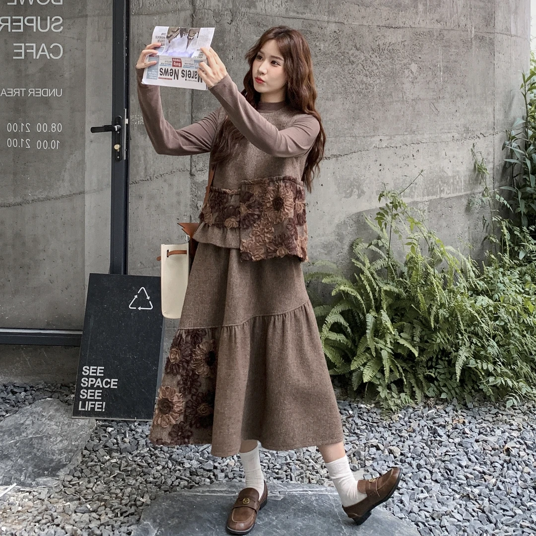 法式复古风立体花朵马甲半身裙两件套女2025秋季气质小香风套装裙