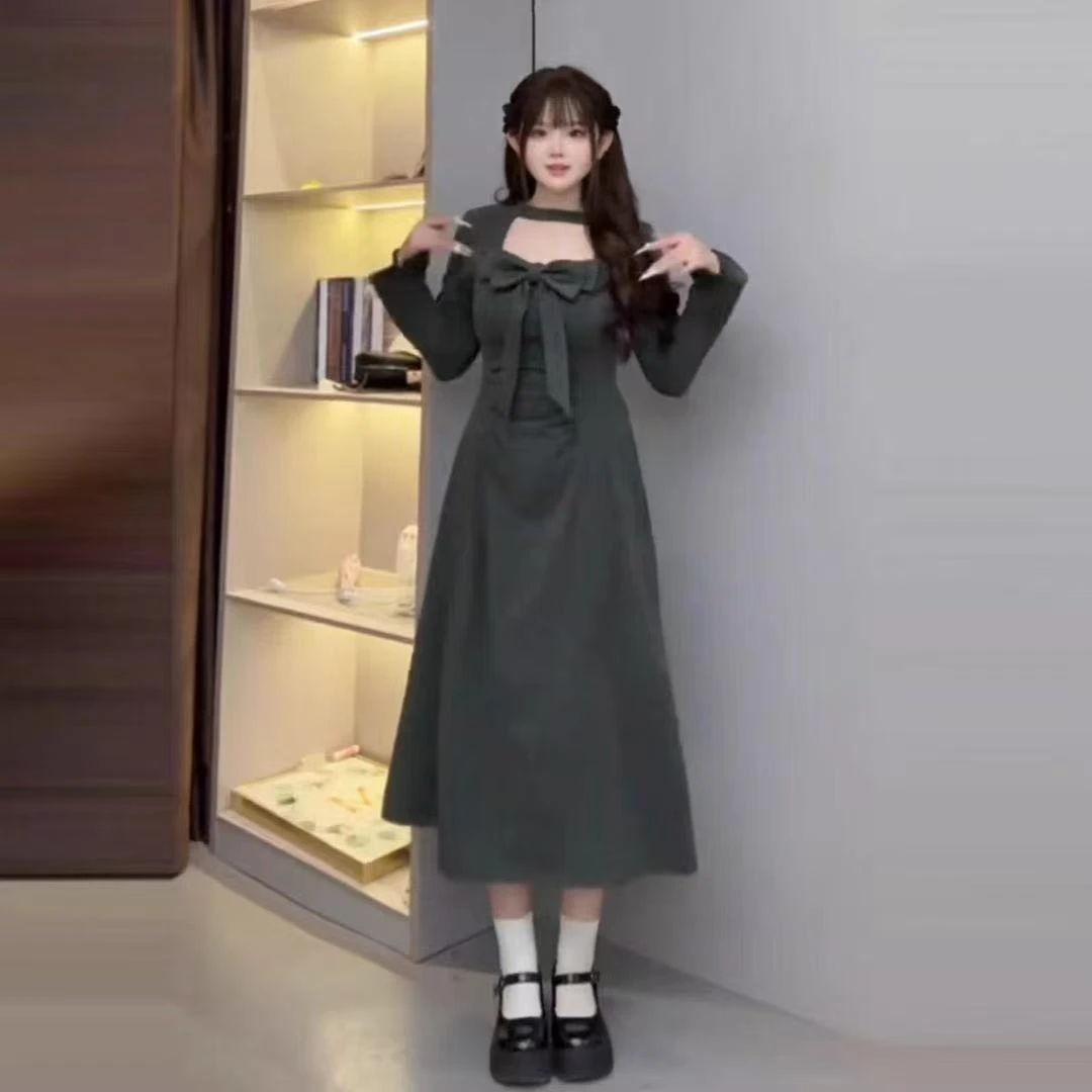 【雾凇暖绒】胖mm冬款磨毛加厚连衣裙长袖收腰显瘦蝴蝶结短裙