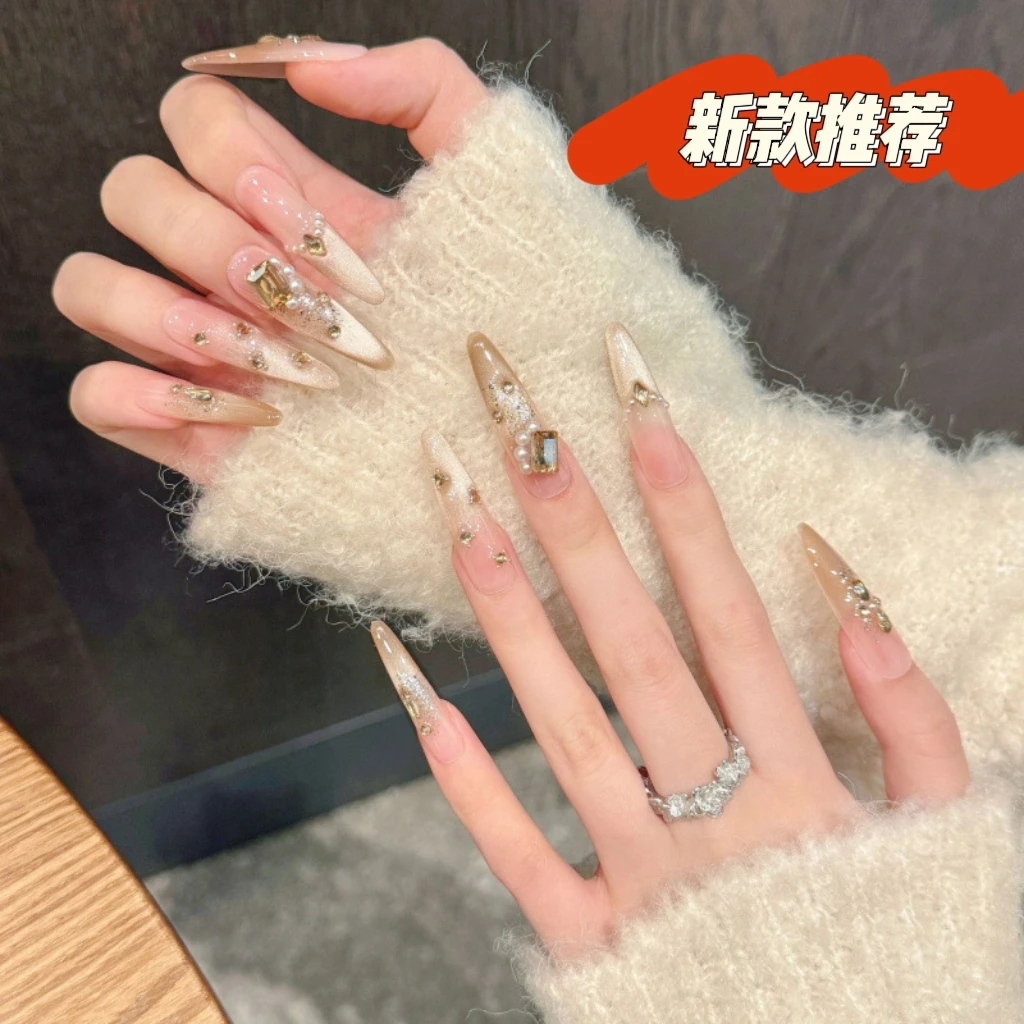 裸色猫眼2025氛围感穿戴手工甲片中长款穿戴美甲贴“少女心事”