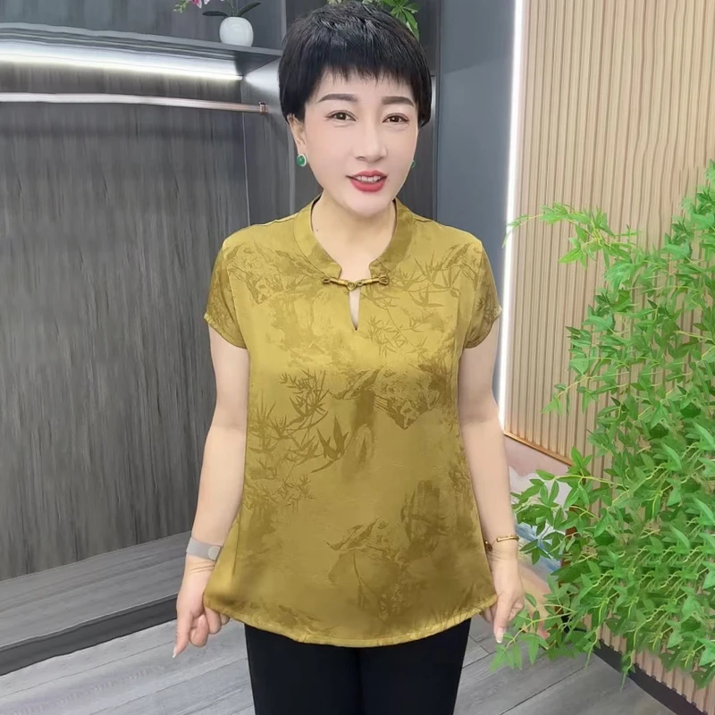 高品质妈妈醋酸上衣2025夏季新款高档大码新中式国风短袖减龄衬衫