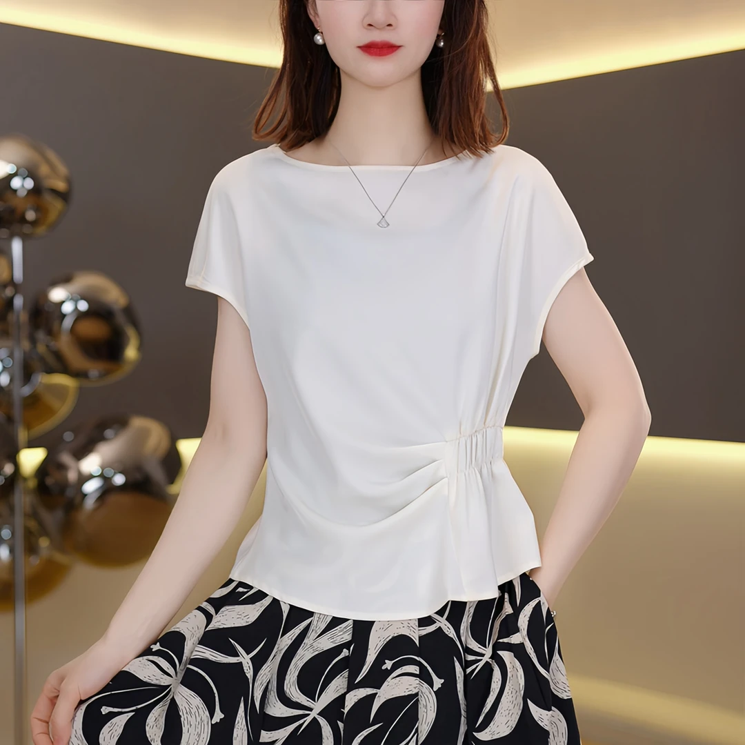 卡莲格/圆领褶皱正肩纯色上衣短袖女夏季简约风胖mm设计感百搭T恤