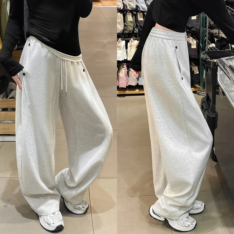 白灰色辣妹阔腿卫裤女新款2025春秋高腰设计感纽扣休闲宽松弯刀裤