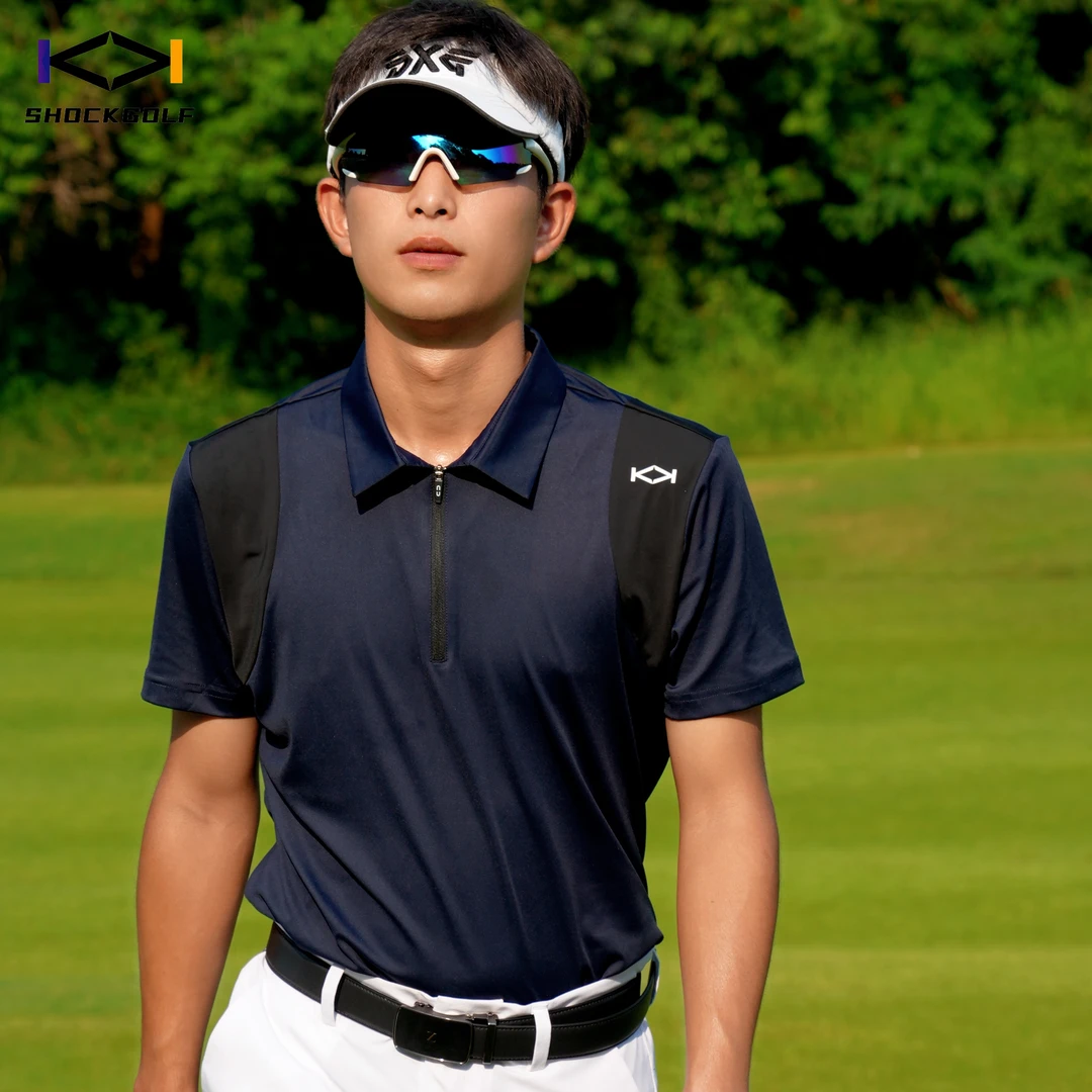 SHOCK GOLF拉链翻领短袖高尔夫T恤上衣男士弹力轻薄透气排汗