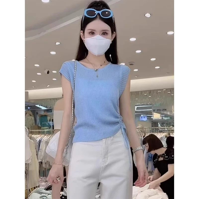 蓝色抽绳冰丝短袖针织衫女夏季背心坎肩t恤2025新款韩系显瘦上衣