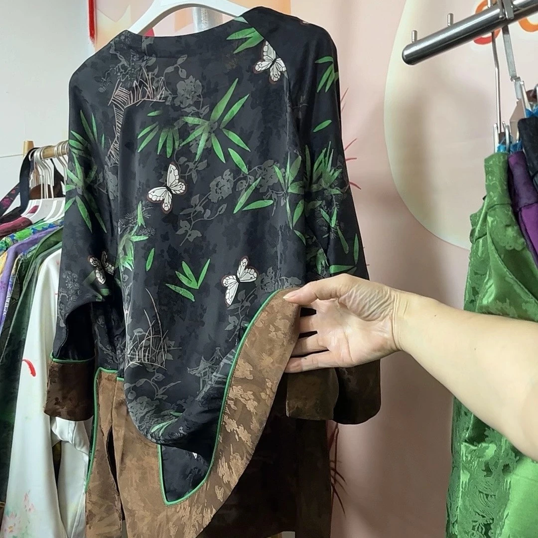 新中式国风斜襟小开衫复古圆领宽松显瘦气质提花女士上衣