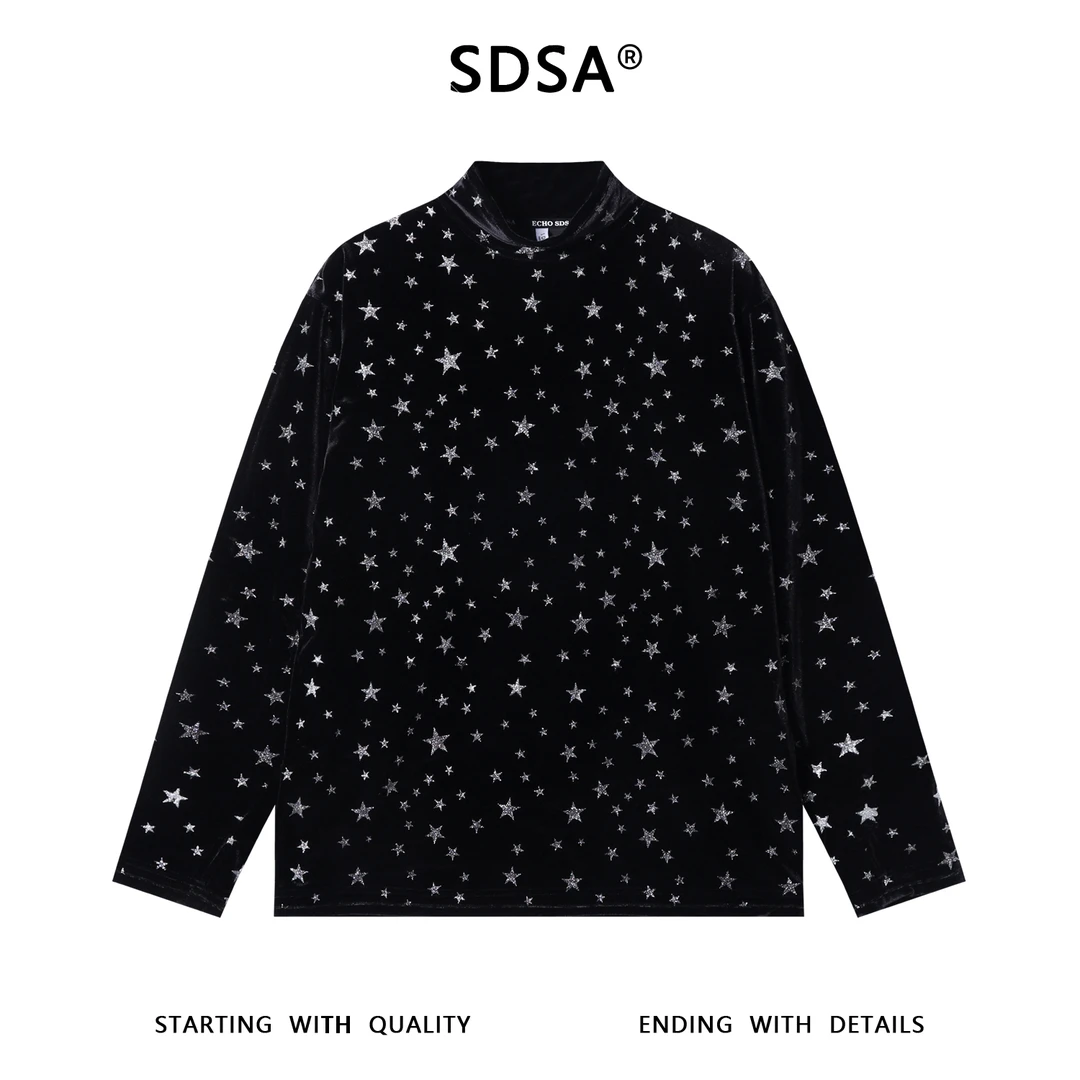 SDSA男士秋冬新款痞帅男装潮牌满印洒金星星半高领长袖T恤百搭潮