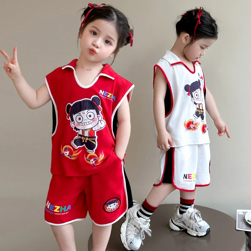 哪吒衣服女童夏季套装2025新款洋气时髦女孩短袖吸汗透气儿童卡通