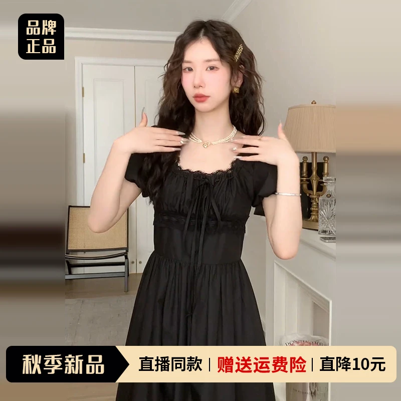 法式高级感黑色泡泡袖连衣裙夏季新款蕾丝拼接高级感收腰气质长裙