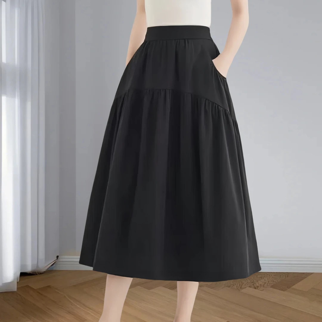 2025夏季休闲口袋时尚松紧腰高腰新款显瘦半身裙女中长款A字裙女