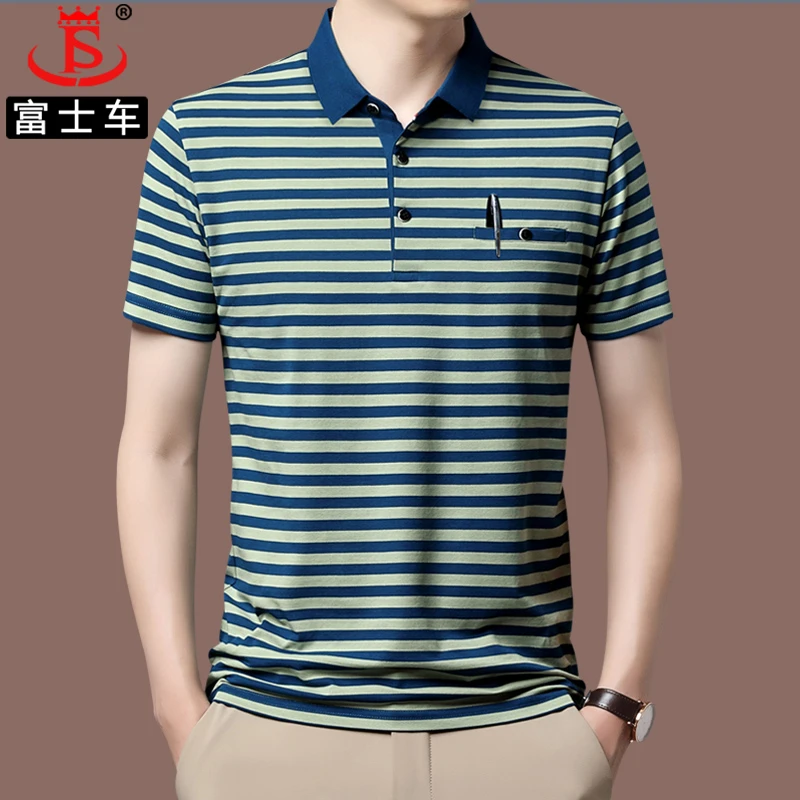 【纯棉】中老年男士短袖t恤品牌polo衫爸爸条纹商务新款男装夏上衣