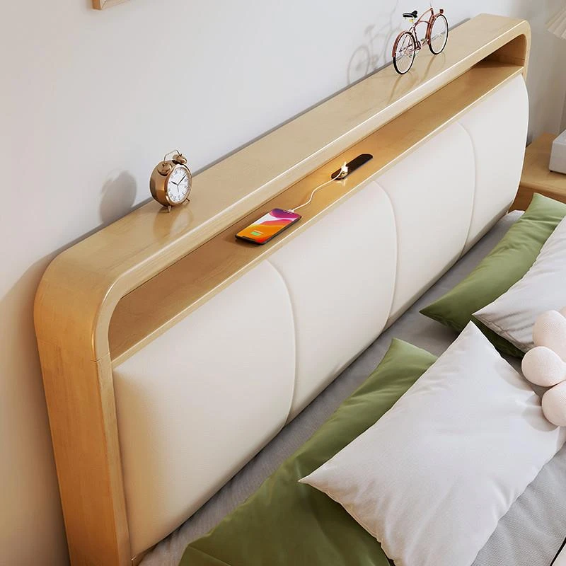 软包实木床带插座的床原木奶油风床架高箱储物床1米8双人床头单买