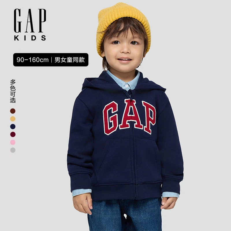 GAP男女童同款2025秋季新款贴布绣logo抓绒连帽卫衣装外套 804633