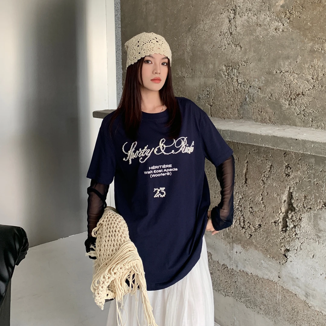 AccYne通勤垫肩搭配约会两穿减龄落肩显瘦短袖假两件T恤夏季宽松