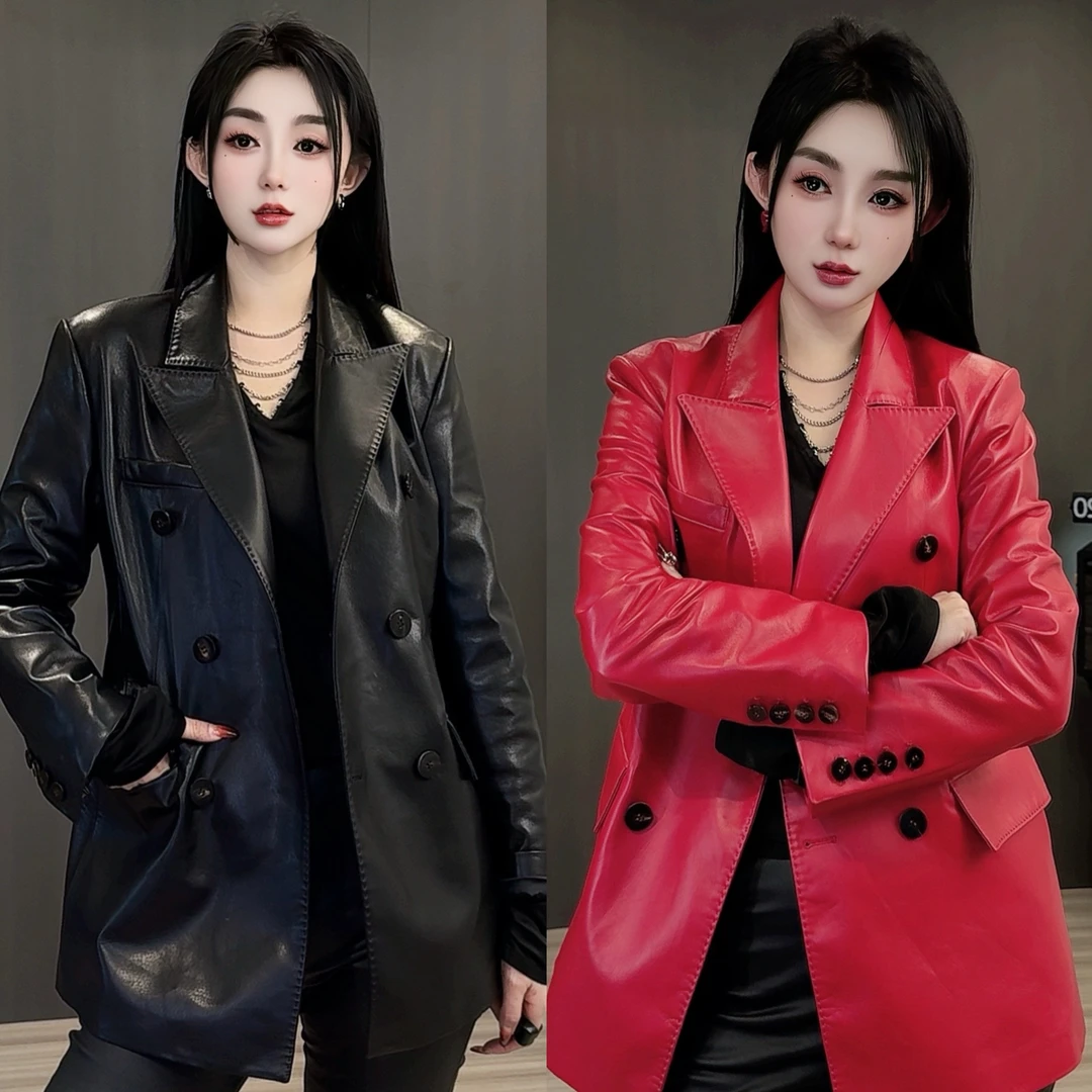 欧韩版2025早春新款高级感中长款纯色真皮皮衣女宽松时尚长袖外套