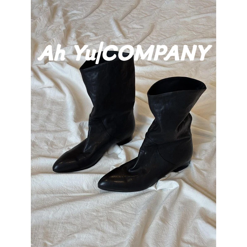 真皮版法式复古气质百搭尖头高级感宽筒显瘦靴子简约骑士靴女短靴