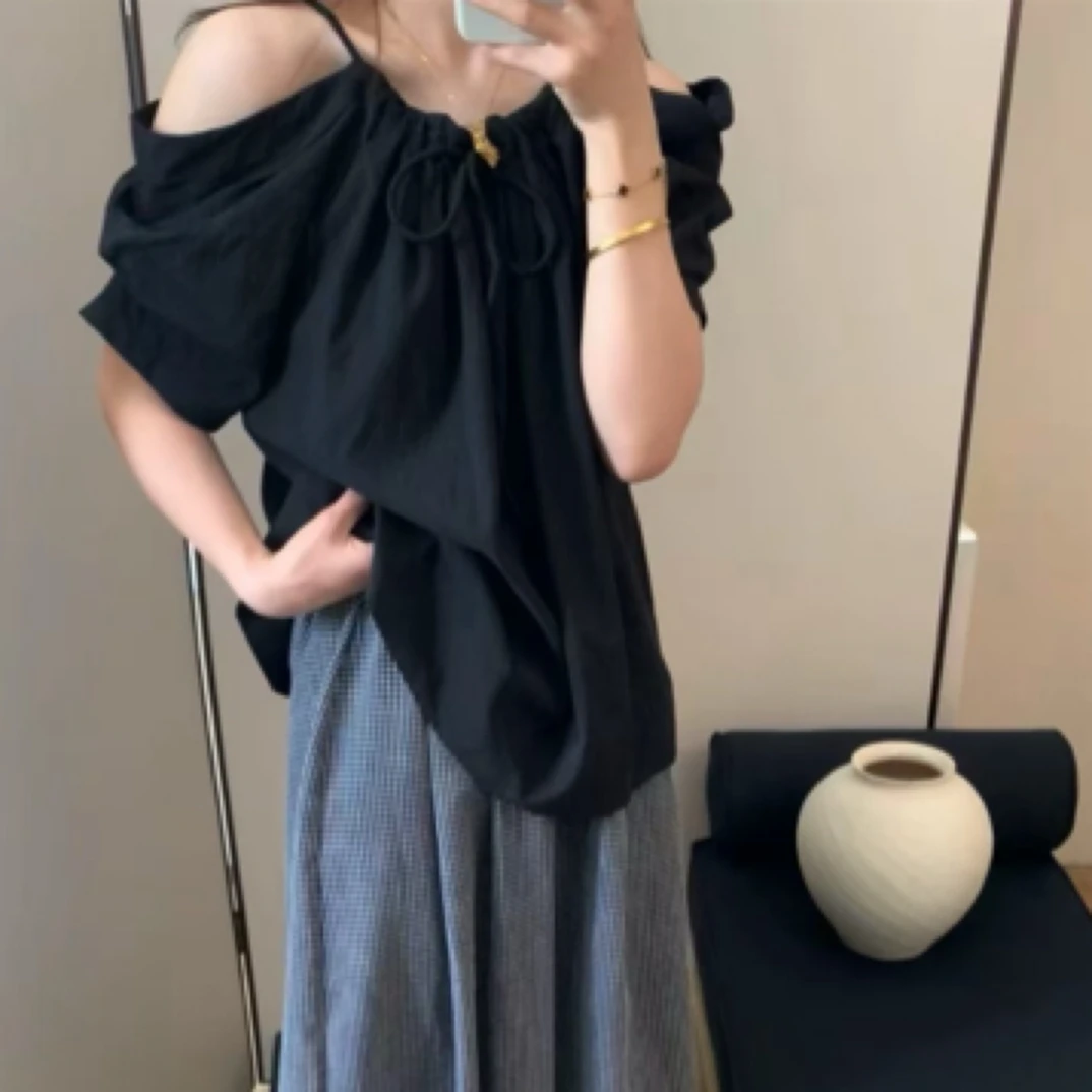 胖MM法式独特设计感绝美露肩娃娃衫韩系套装显瘦气质休闲夏季