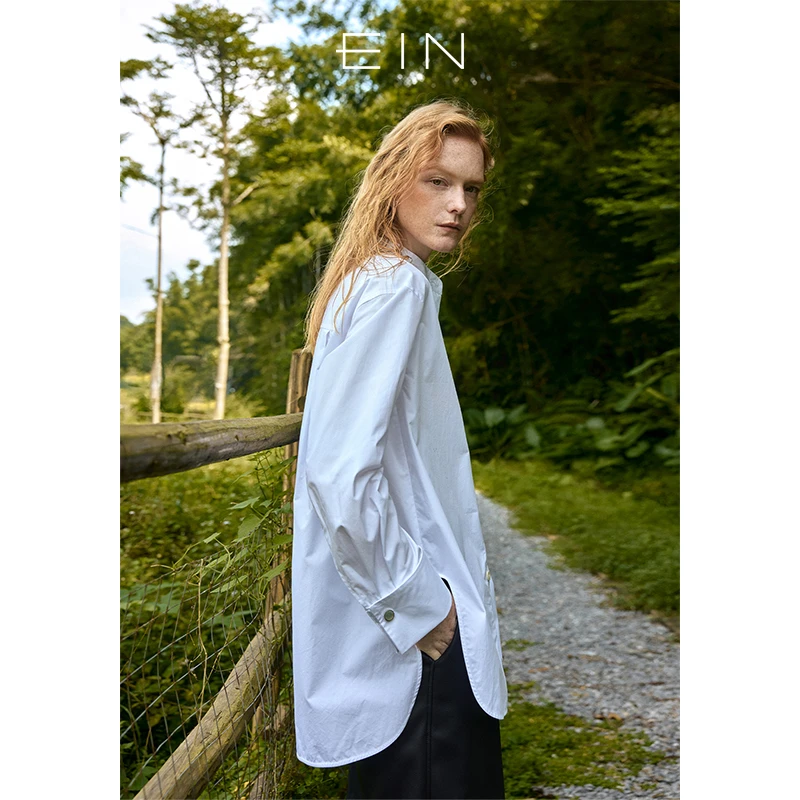EIN/言高智感通勤风刺绣设计立领开衩下摆宽松长袖衬衫2025秋款