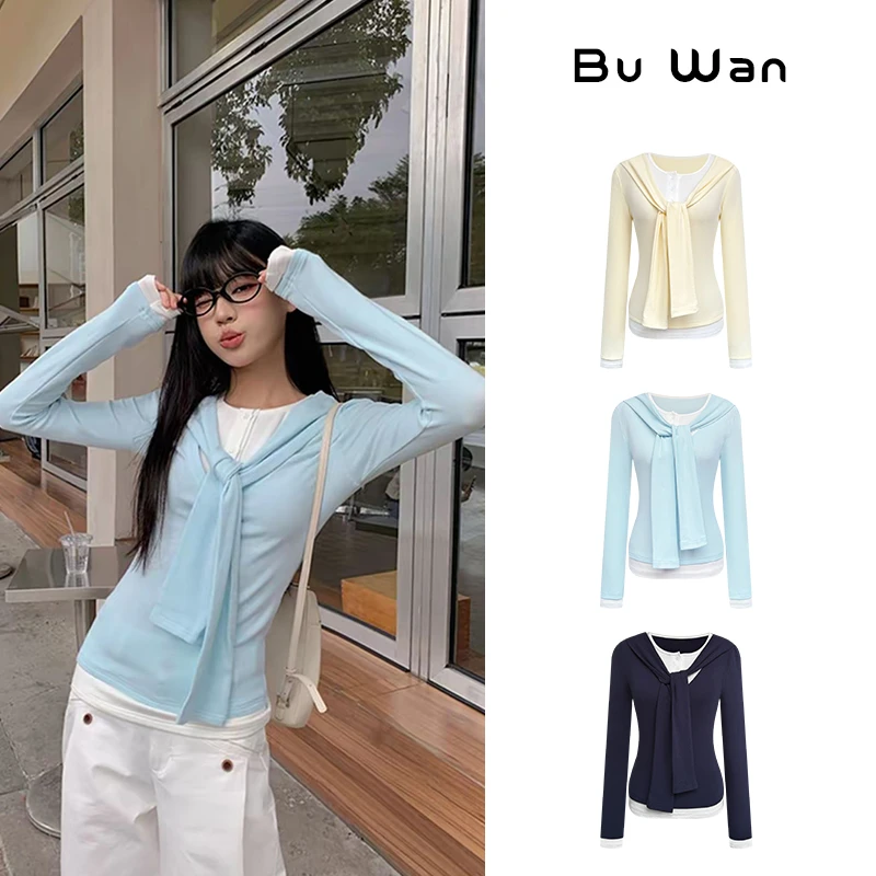 浪漫春季薄款修身显瘦假两件长袖内搭休闲打底衫上衣3345