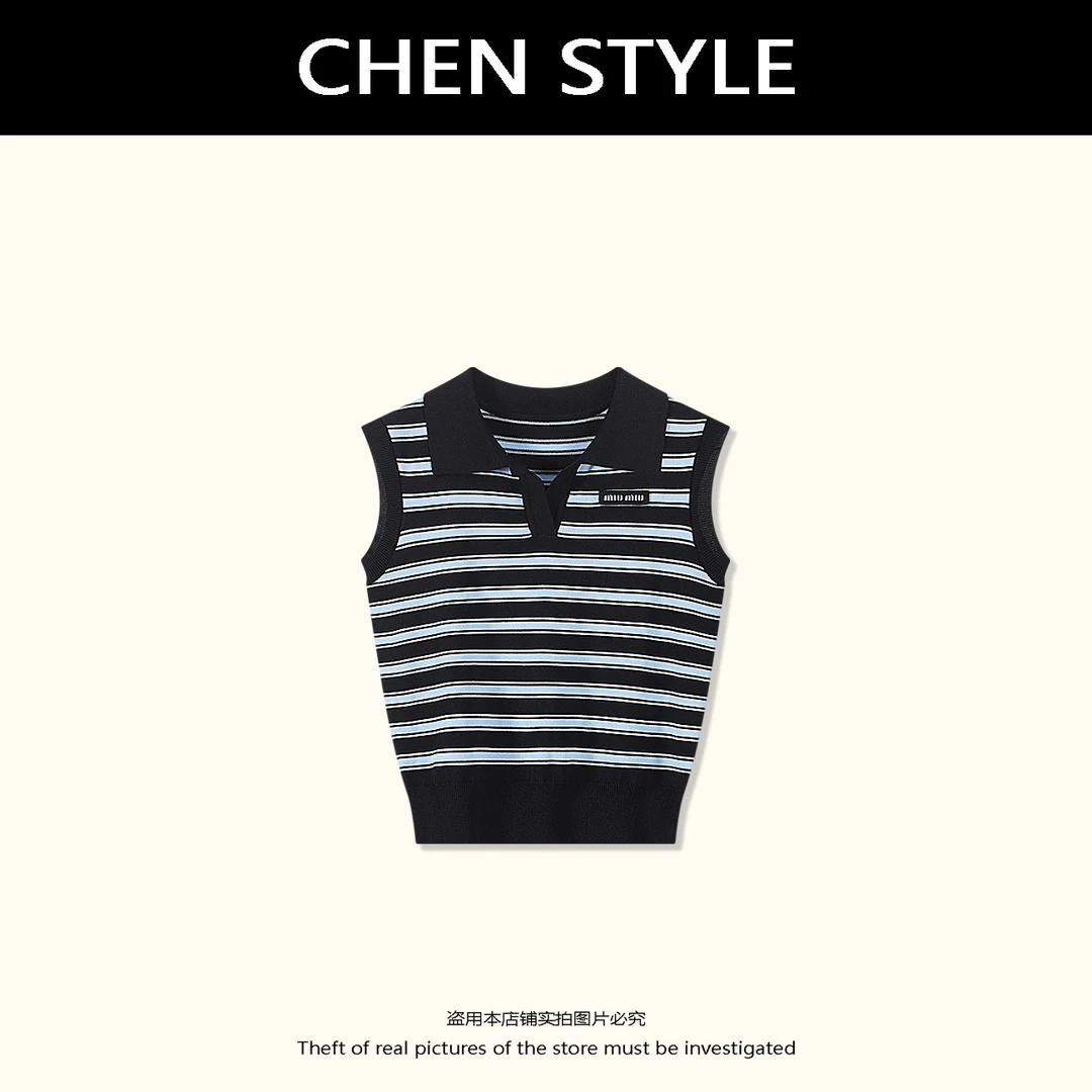 楚楚君【谬系女孩】夏季POLO领时尚条纹无袖上衣Y70057