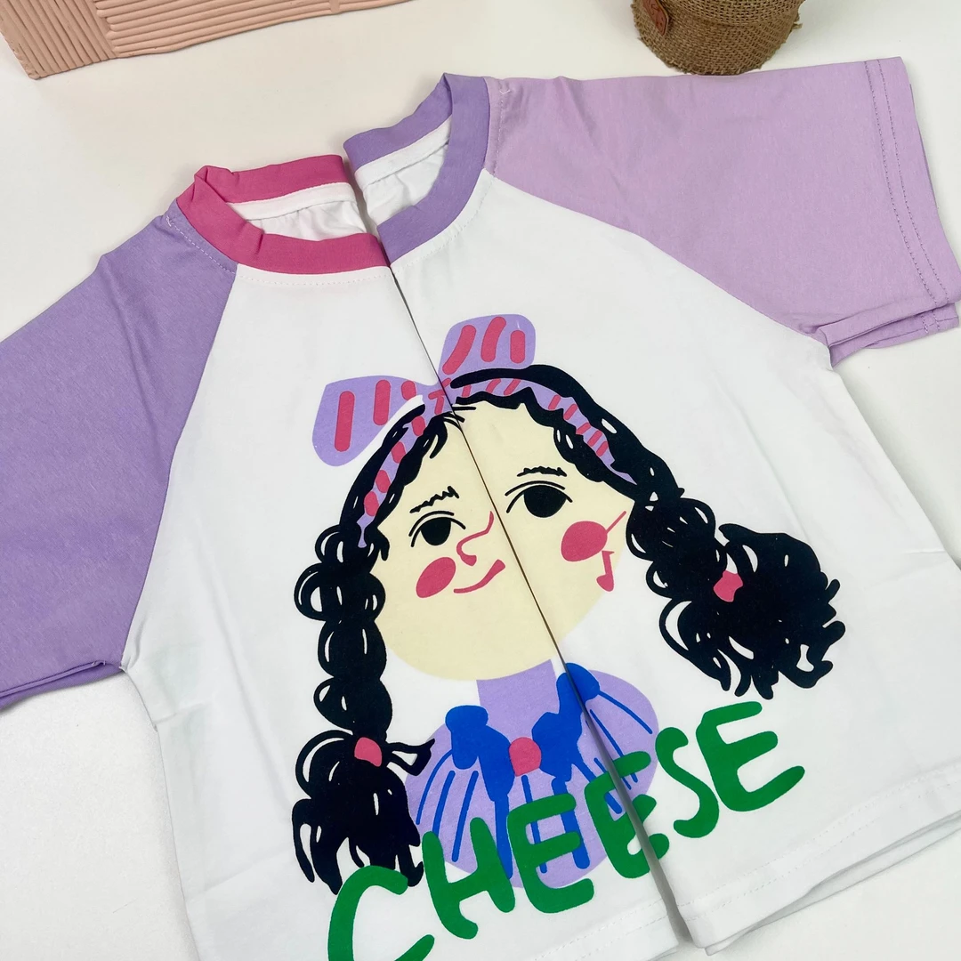 宽松型夏季童装短袖印花时尚撞色T恤休闲女卡通风韩版圆领女童16