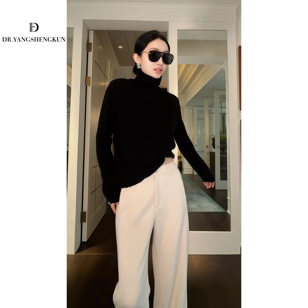 杨圣坤2025新品100%山羊绒手工钩花波浪边高领针织衫S82592509