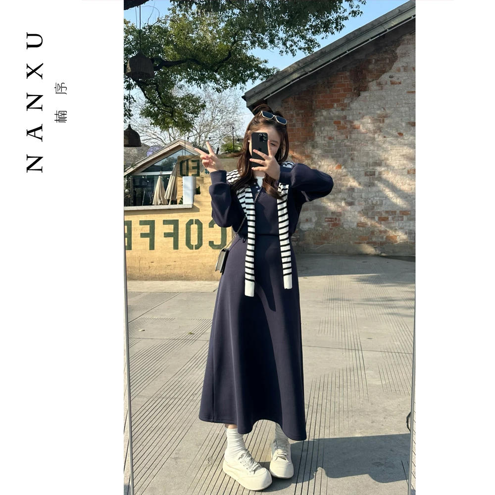 楠序微胖女装 洋气衣服女秋季裙子时尚显瘦藏青高贵连衣裙YZ35199