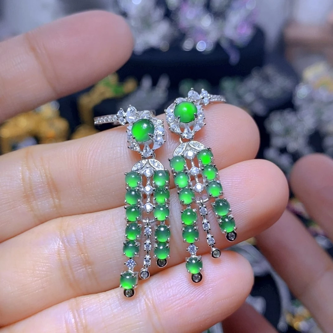 翡翠银S925镶嵌耳饰天然