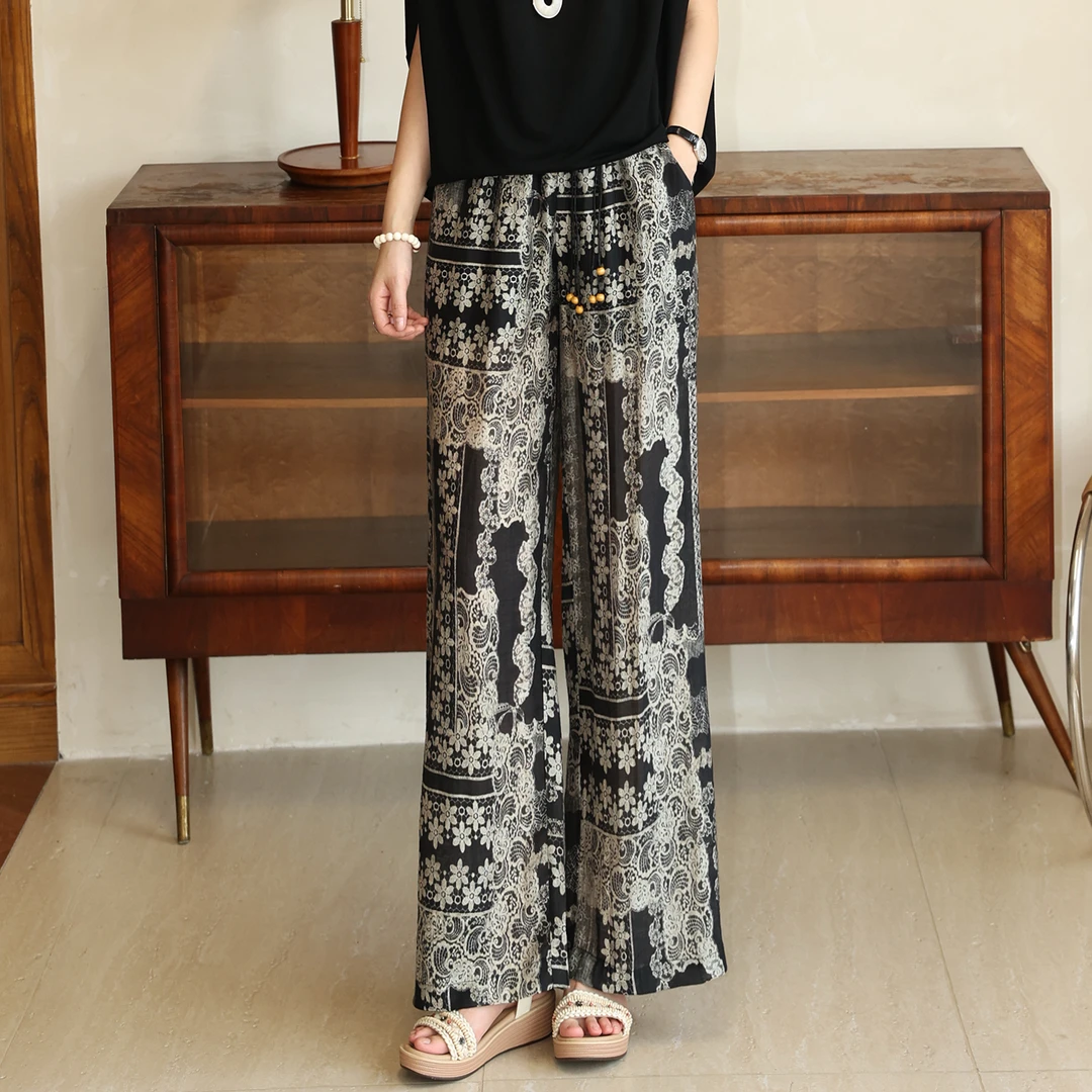 枫竺阿楠anan亚麻莱赛尔全松紧腰透气百搭蕾丝刺绣夏季度假休闲裤