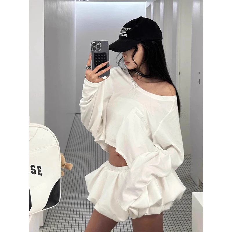 白色斜肩露脐短款长袖上衣T恤纯欲低腰花苞半身短裙女夏两件套装