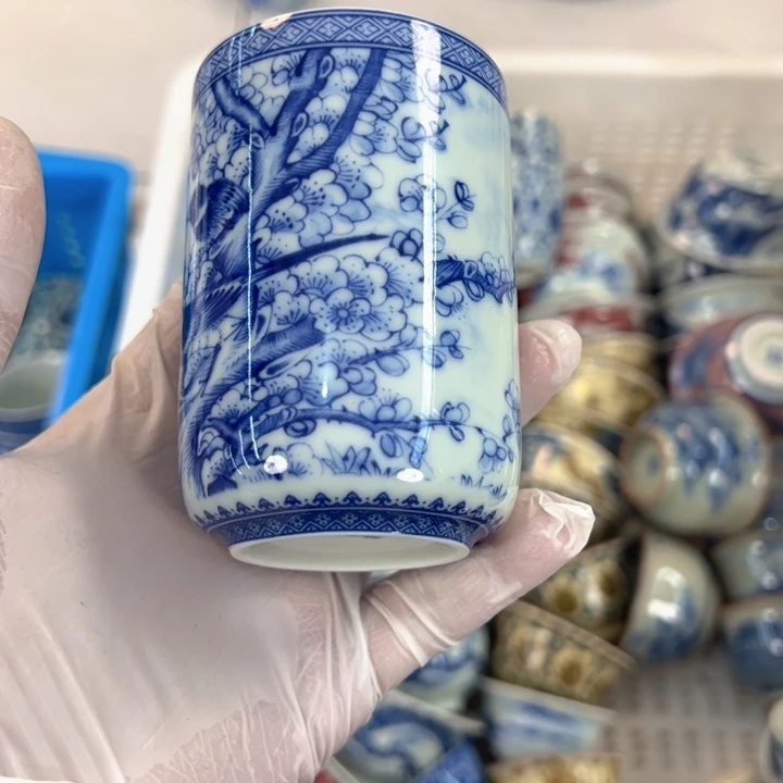 瓷片白青花喜上眉梢直筒杯可乐