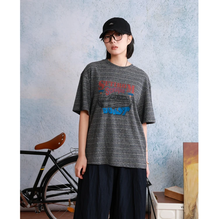 西町村屋复古休闲印花T恤女装春夏新款简约百搭宽松小衫XHAA10062