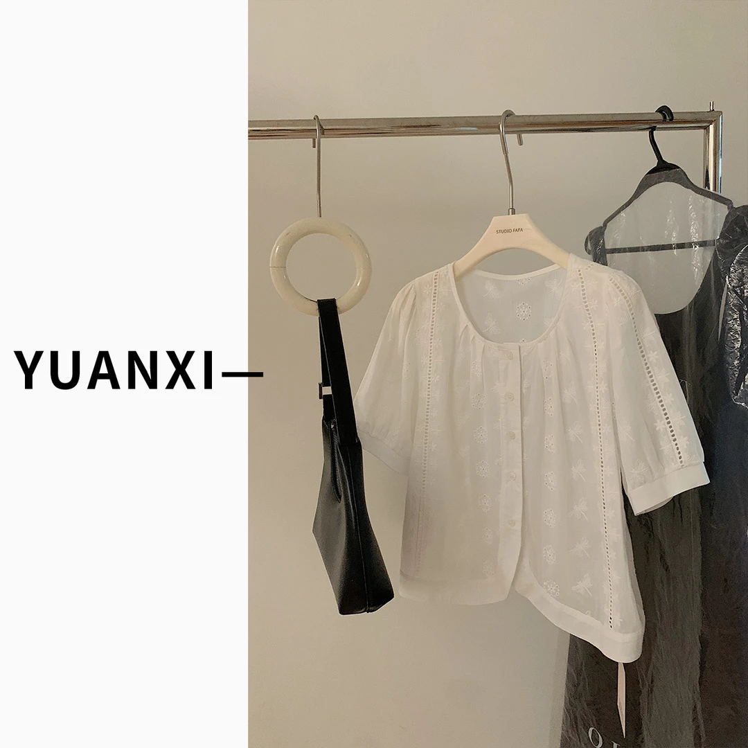 【FAFAJIA】702 韩版重工刺绣圆领衬衫女夏季