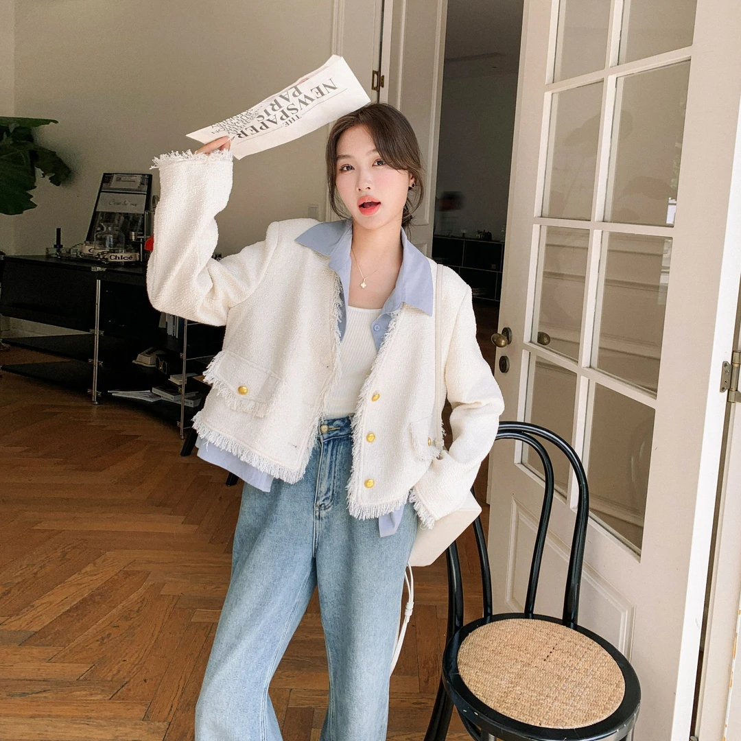 假两件拼接小香风外套女2025春新款设计感气质显瘦流苏短款上衣