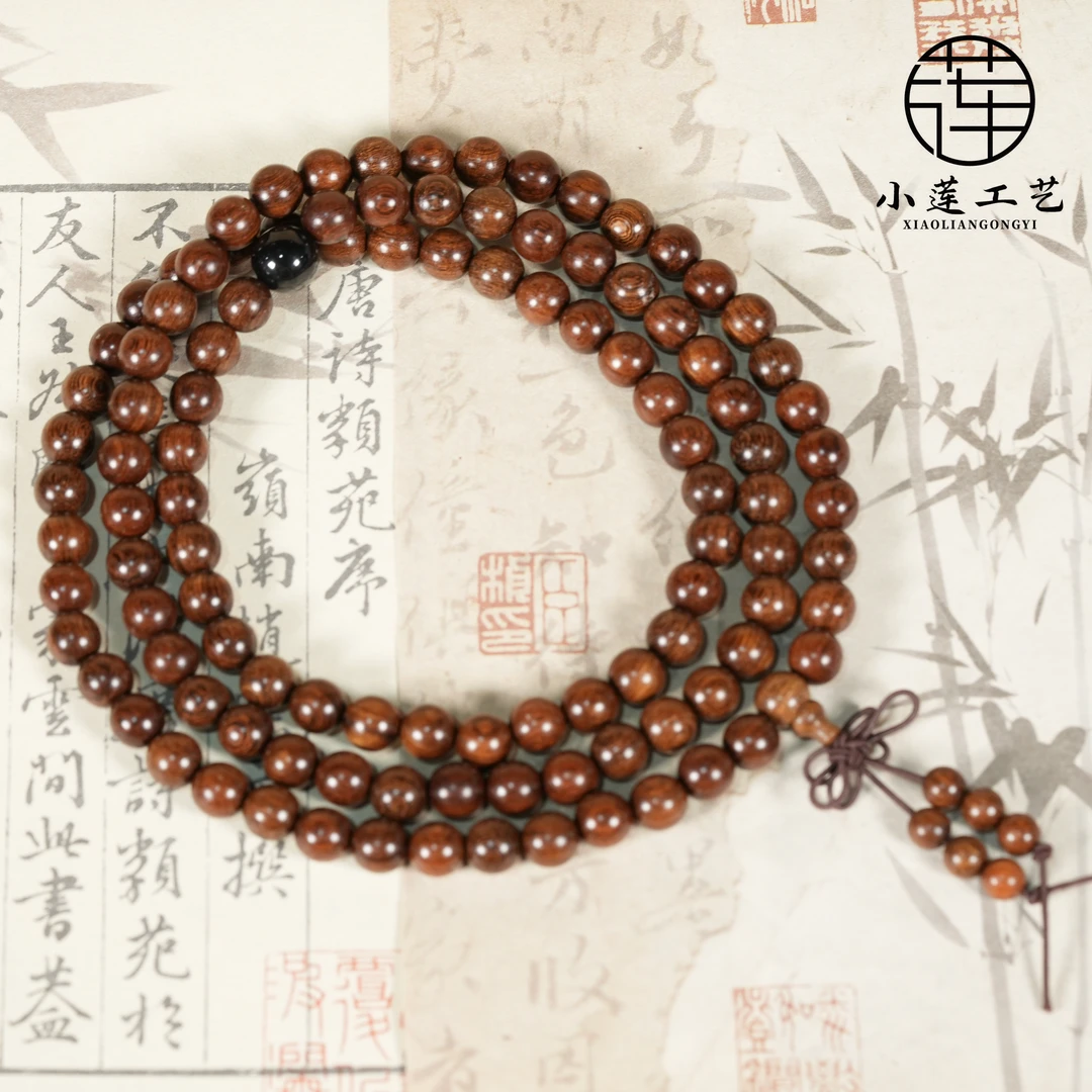 【小莲工艺】天然金丝檀木0.8高密度沉水猫眼银曜石手串