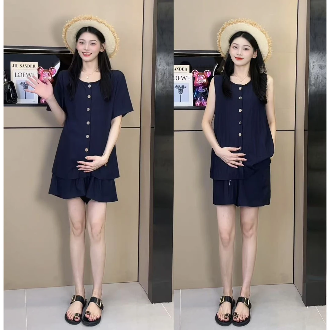 【kiki】小个子2025新款夏季孕妇套装小香风无袖上衣+短裤两件套