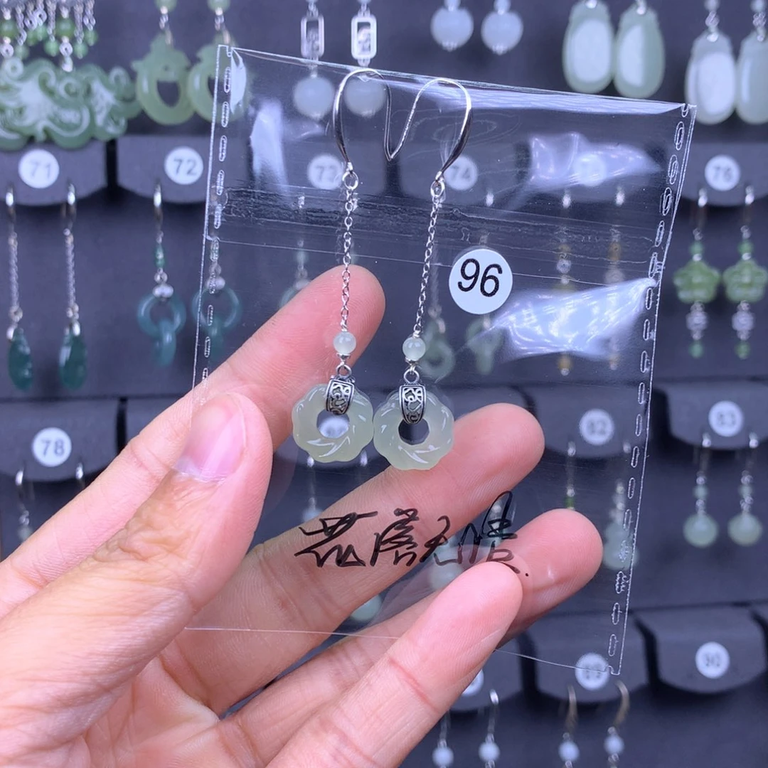 和田玉耳饰银S925镶嵌花**语