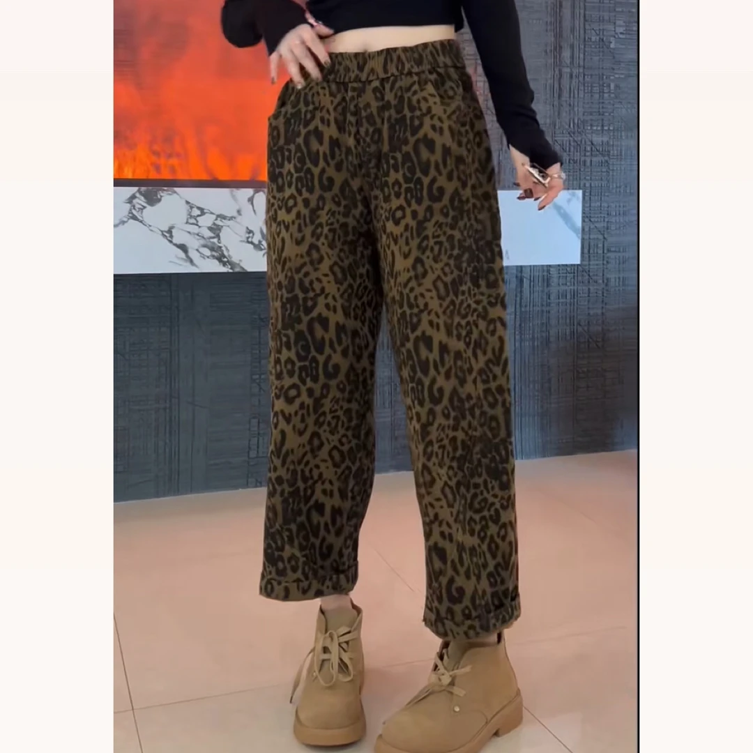 早秋新款豹纹迷彩水洗牛仔裤大码女高腰显瘦老爹裤洋气九分裤9811