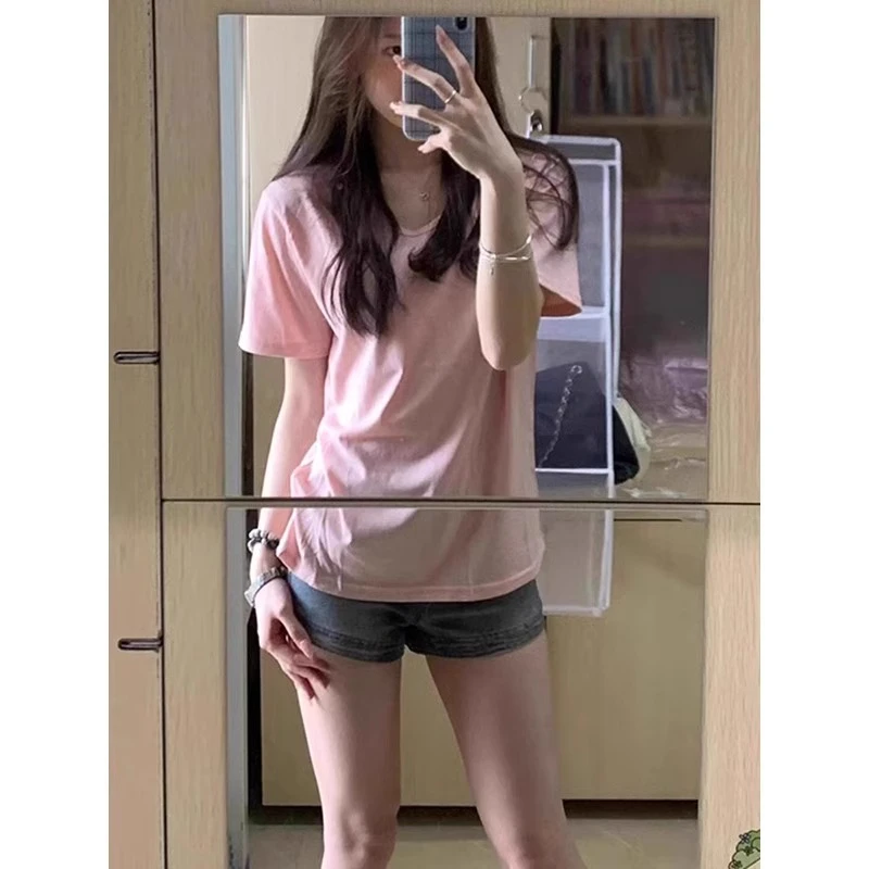 正肩v领粉色短袖t恤女夏韩版潮宽松显瘦百搭半袖上衣简约修身体恤