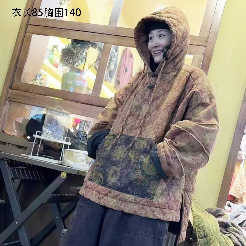 074中式民族风印花夹棉加厚外套女宽松菱格绗线大口袋棉衣女