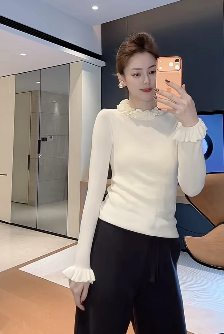 CHANEE 惠惠 小香花朵领网红洋气长袖百搭显瘦针织打底衫